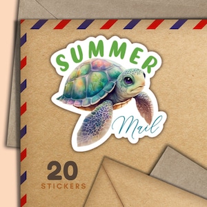Summer Schildkröte Briefaufkleber, Set mit 20 fröhlichen Briefaufkleberflocken, niedliches Penpalzubehör für Schneckenpostetiketten zum Dekorieren von Umschlägen