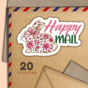 Floral Bunny stickers, Set of 20 happy mail sticker flakes, Cute pen pal supplies for snailmail labels to decorate envelopes & letters