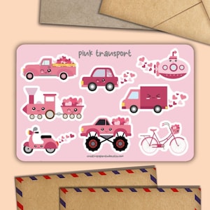 Pink Transport sticker sheet, happy mail envelope decoration, snail mail penpal supplies, cute labels for planners junk journal scrapbook