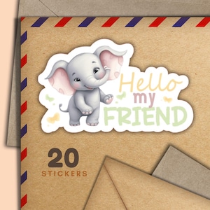 Adesivi "Hello my Friend" con scritta "Elephant Hello", set da 20 adesivi Happy Mail, graziosi articoli per amici di penna per etichette di posta ordinaria per decorare buste