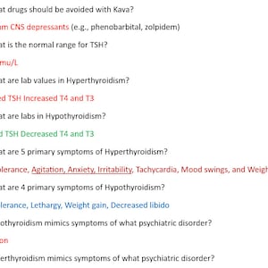 Puede incluir: Una hoja de trabajo con ocho preguntas y respuestas sobre las hormonas tiroideas y las condiciones relacionadas. Las preguntas cubren temas como las interacciones medicamentosas, los rangos normales, los valores de laboratorio, los síntomas y los trastornos psiquiátricos.