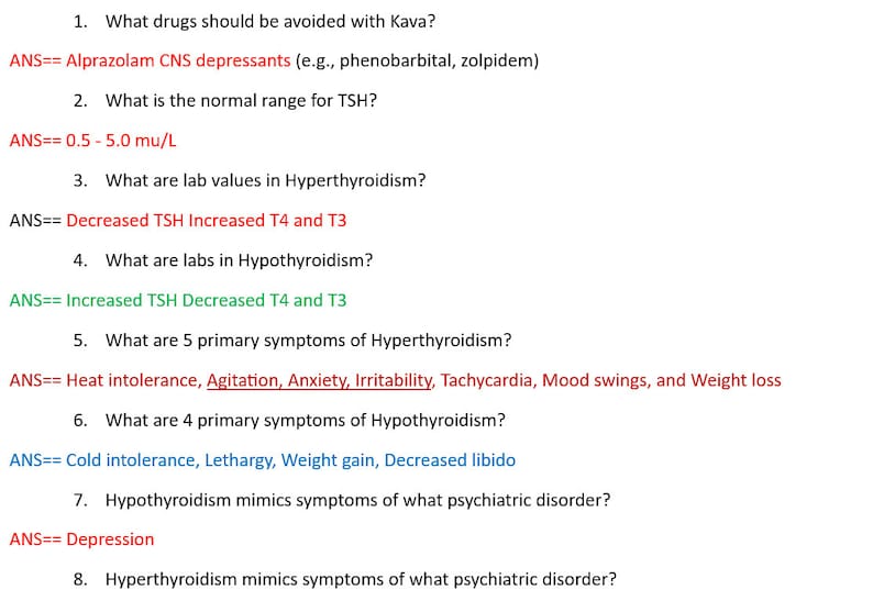 May include: A worksheet with eight questions and answers about thyroid hormones and related conditions. The questions cover topics such as drug interactions, normal ranges, lab values, symptoms, and psychiatric disorders.