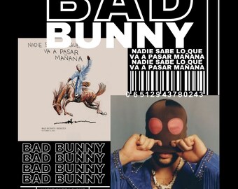 BAD BUNNY T Shirt Design. PNG Digital 4500x5100 px. Rapper, Hiphop, Retro, 90s Vintage, Bootleg Tee. Instant Download And Ready To Print.