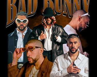 BAD BUNNY T Shirt Design. PNG Digital 4500x5100 px. Rapper, Hiphop, Retro, 90s Vintage, Bootleg Tee. Instant Download And Ready To Print.