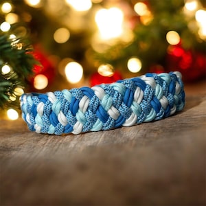Könnte beinhalten: Ein geflochtenes Hundehalsband in Blau- und Weißtönen. Das Halsband besteht aus geflochtenem Nylonseil mit einem Muster aus einfarbigen und gemusterten Strängen. Der Hintergrund ist verschwommen, mit Weihnachtsbeleuchtung und Ornamenten.