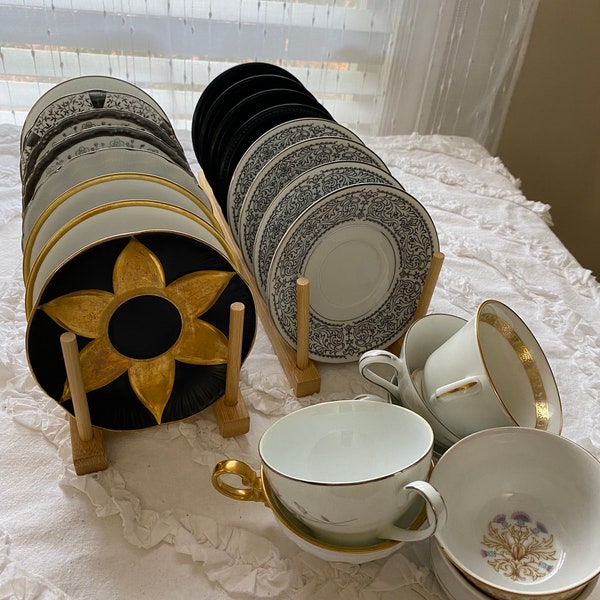 Set of 2, 4 or 6 Vintage Mismatched Black, White, Gold and Silver China Vintage Tea/Coffee Cups and Saucer for Luncheons, Tea Parties