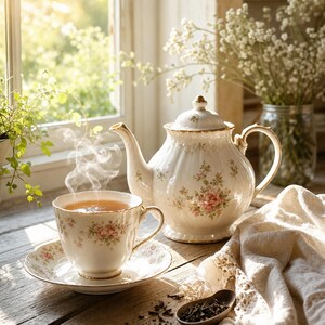 Puede incluir: Una tetera de porcelana blanca y una taza a juego sobre un platillo, ambas decoradas con delicados motivos florales rosas y bordes dorados. La taza contiene té caliente humeante y el conjunto está dispuesto sobre una superficie de madera.