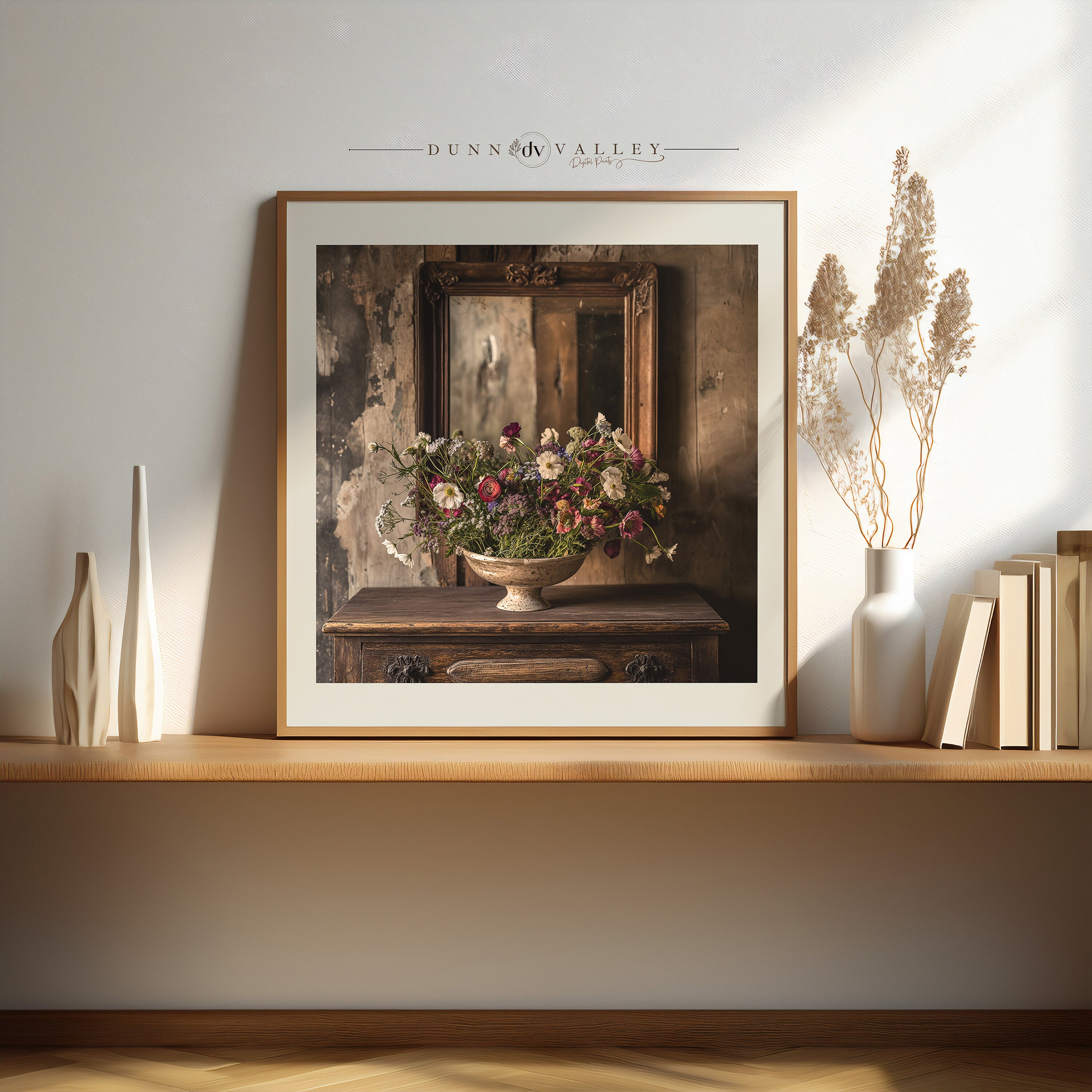 vintage-floral-still-life-print-antique-dresser-wildflower