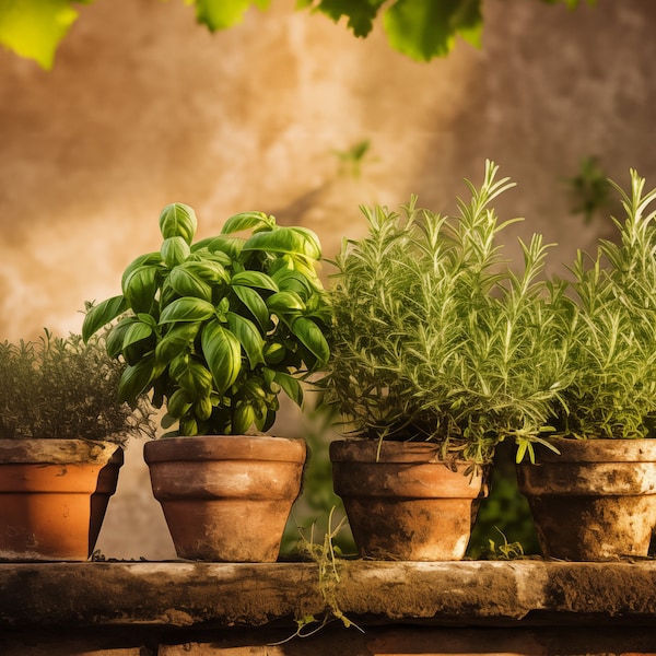 Herb Garden Delight - Trio of Potted Herbs Digital Art, Rustic Terrace Decor, Printable Herbal Pottery, Kitchen Greenery Download