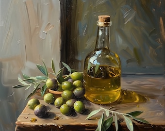 Olive Oil Still Life Art Print: Mediterranean Kitchen Decor (Digital Download)