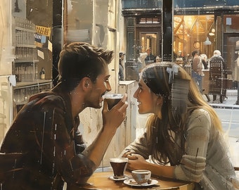 Cafe Conversations - Intimate Coffee Shop Art Print - Romantic City Life Scene - Digital Art in Four Aspect Ratios