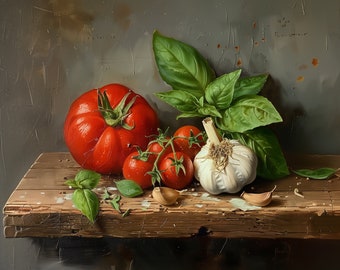 Impressão de pintura de tomate e manjericão | Arte rústica de natureza morta para horta | Arte de parede | Download digital