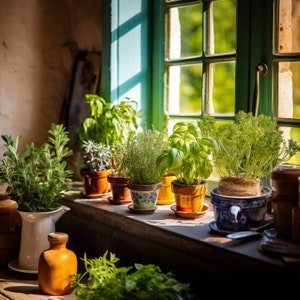 Può includere: Una collezione di erbe in vaso di diverse dimensioni e colori, tra cui verde, marrone e bianco, sono disposte su un davanzale. Le erbe sono in vasi di terracotta e crescono in una finestra soleggiata.