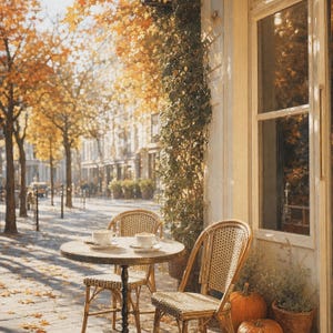 May include: A round bistro table with two white ceramic cups and saucers, accompanied by two woven rattan chairs. Two orange pumpkins sit on the ground near a window frame, with autumn foliage and trees visible in the background of the street.