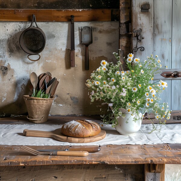 Farmhouse Freshness - Rustic Kitchen Charm - Fresh Baked Bread and Wildflowers Art - Digital Print - Cozy Home Wall Art Decor