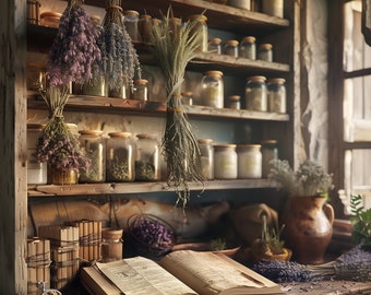 Vintage Apothekenregal Kunstdruck: Botanische Küche Dekor (Digital Art)
