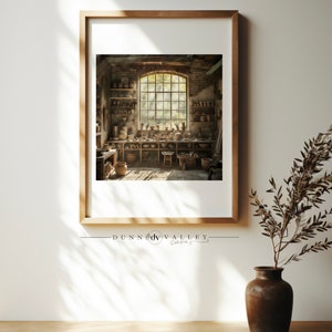 May include: A vintage pottery studio with a large window, shelves filled with pottery, and a workbench with tools and pottery pieces. The studio is lit by natural light streaming through the window.