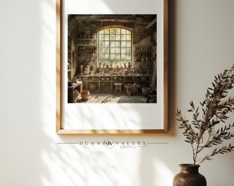 Pottery Studio Art Print | Keramische workshop fotografie | Rustieke atelierkunst aan de muur | Digitale download