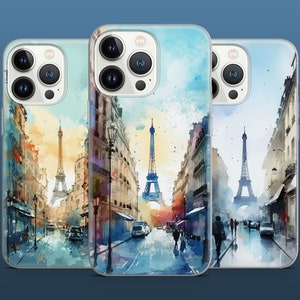 Paris Watercolor Eiffel Tower Phone Case for iPhone 15 14 13 Pro Max 12 11 X XS 8, fits Samsung S20 FE, S22 Ultra, A12, A54, Pixel 6A 7A 8A
