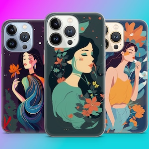 Feminine Floral Art Anime Manga Phone Case for iPhone 15 14 13 Pro Max 12 11 X XS 8, fits Samsung S20 FE, S22 Ultra, A12, A54, Pixel 6 7A 8A