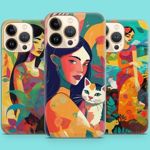 Women Power Cat Modern Art Anime Phone Case for iPhone 15 14 13 Pro Max 12 11 X XS 8, fits Samsung S20 FE, S22 Ultra, A12, A54, Pixel 6 7 8A