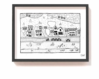 May include: Black and white line drawing illustration of a coastal town with houses, a beach, and a body of water. The illustration includes details like boats, trees, and people on the beach.