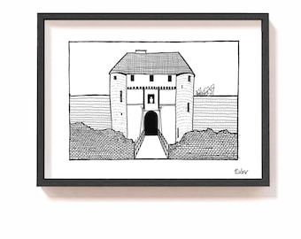 May include: Black and white line drawing of a medieval castle gate with a drawbridge. The gate is surrounded by a stone wall and has a small tower on each side.