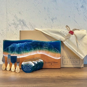 Personalized Engagement Gift for Couple, Wavy Edge Ocean Resin Charcuterie Board, Engraved Serving Tray for Fiance