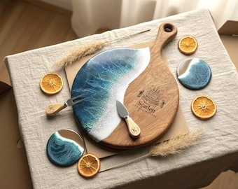 Engagement Gift Couple, Unique Personalized Wedding Present, Personalised Wedding Gift, Engraved Chopping Board, Ocean Resin Cheese Board