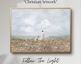 Könnte beinhalten: Ein Vintage-Kunstdruck, der eine Person in weißen Gewändern zeigt, die durch ein Feld mit Blumen geht, gefolgt von einem Kind. Der Text "Follow The Light" steht unter dem Bild.