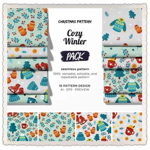 Puede incluir: Una colección de patrones sin costuras con temática invernal. Los patrones presentan mitones, suéteres, patines de hielo y tazas con bebidas calientes. El texto de la imagen dice "Christmas Pattern Cozy Winter Pack". Los patrones son 100% redimensionables, editables y repetibles.