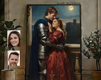 Individuelles Porträt eines Ritters und einer Prinzessin nach Foto, personalisiertes Gemälde eines königlichen Paares, Kunst des Mittelalters und der Renaissance
