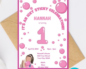 May include: A pink and white birthday invitation featuring a cartoon girl blowing a bubble. The invitation reads "It's an Icky Sticky Celebration!" and includes the name Hannah and the number 1. The invitation also includes the date and time of the party, the address, and RSVP details.