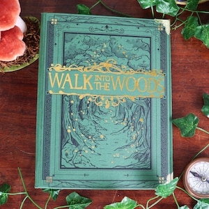Puede incluir: Un libro verde titulado "Walk Into The Woods" con letras doradas y una ilustración de un bosque. El libro está rodeado de elementos decorativos, incluyendo una brújula, setas e hiedra. Los objetos están dispuestos sobre una superficie de madera.