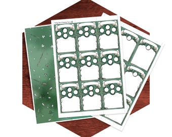 Puede incluir: Un conjunto de hojas impresas con bordes decorativos verdes y espacios rectangulares en blanco para escribir. El diseño incluye pequeños marcos circulares y encabezados tipo pancarta. Una hoja muestra un patrón de varitas y estrellas sobre un fondo verde.