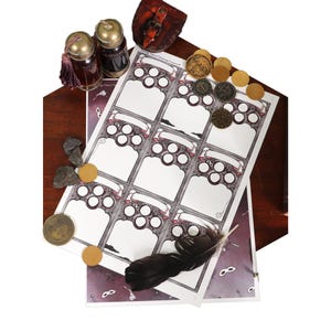 Cartes magiques M&D pour votre rouge, illustrées et recto-verso. Dagues. Farceur des arcanes. Cartes de magie noire, feuille A4 de 9 cartes