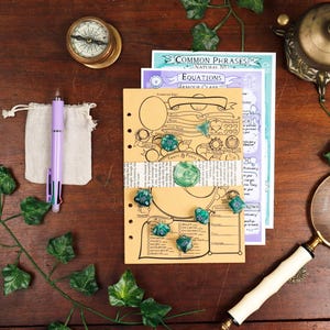 Puede incluir: Colección de artículos de papelería y accesorios de temática fantástica sobre una superficie de madera. Incluye una brújula, una lupa, un bolígrafo y varias hojas de papel con texto manuscrito e ilustraciones. También hay hiedra decorativa y piedras preciosas.