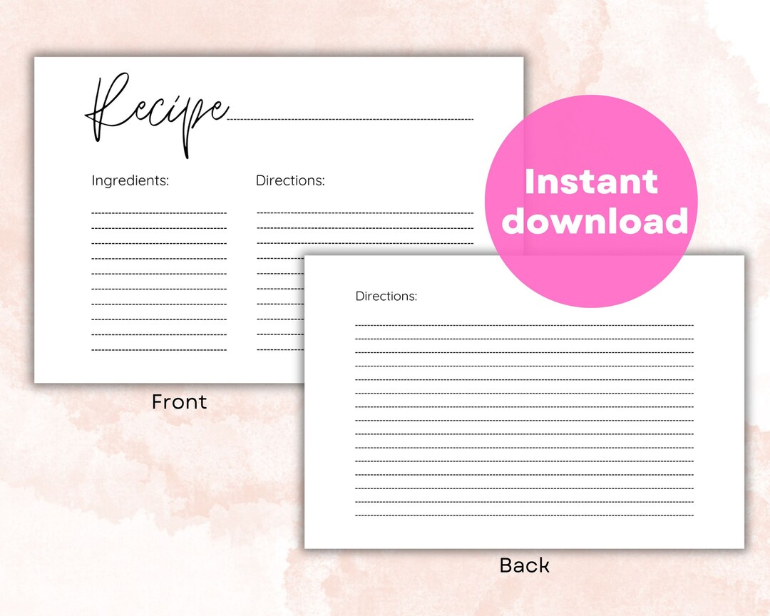 Printable Recipe Card, Instant Download, 6x4 Inches and A4 Sizes, DIY ...