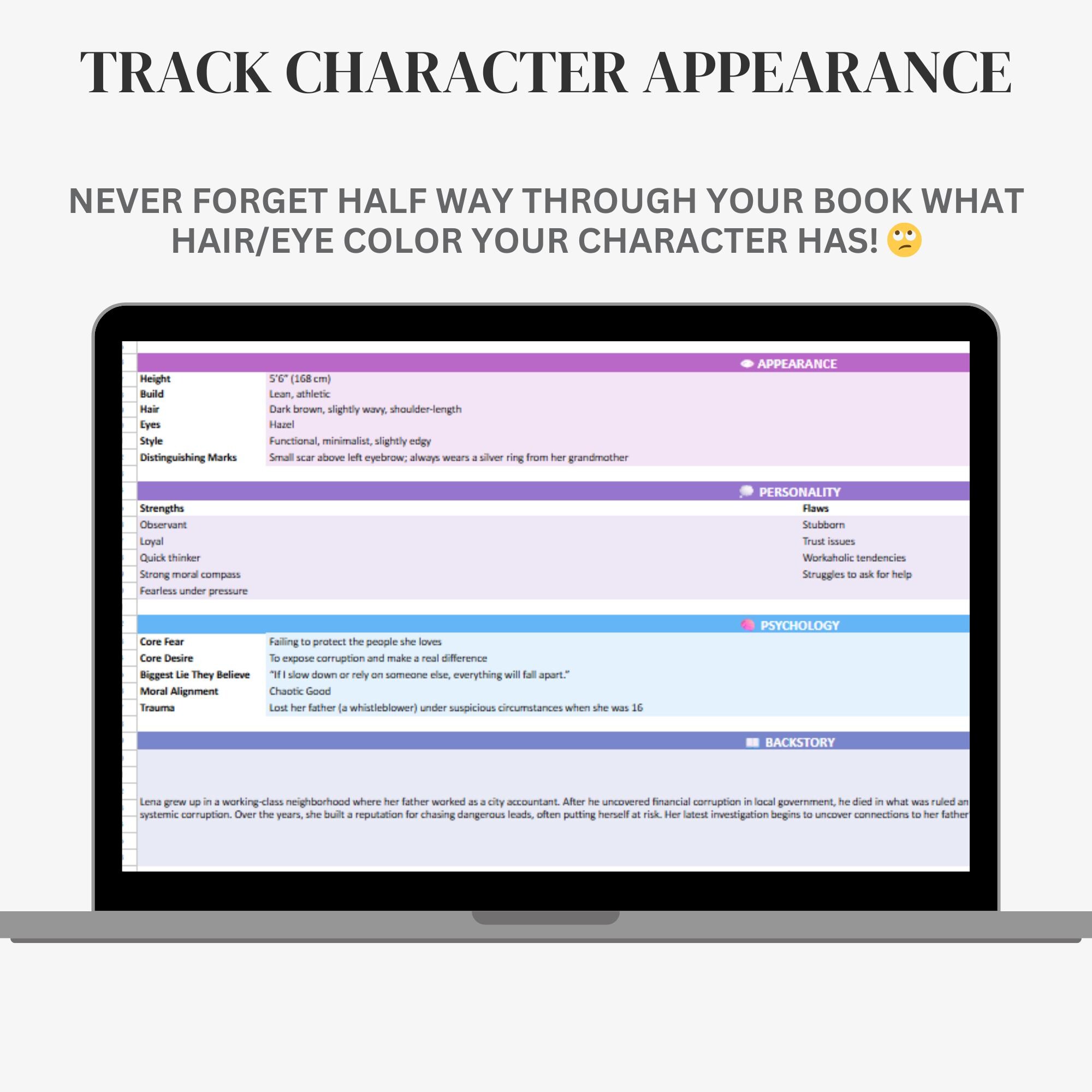 Character Tracker Spreadsheet for Authors | Character Development ...