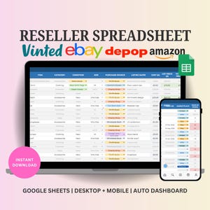 Puede incluir: Una hoja de cálculo digital para revendedores que se muestra en una computadora portátil y un teléfono inteligente. La hoja de cálculo incluye detalles de artículos, categorías y precios. La imagen también presenta los logotipos de Vinted, eBay, Depop y Amazon.