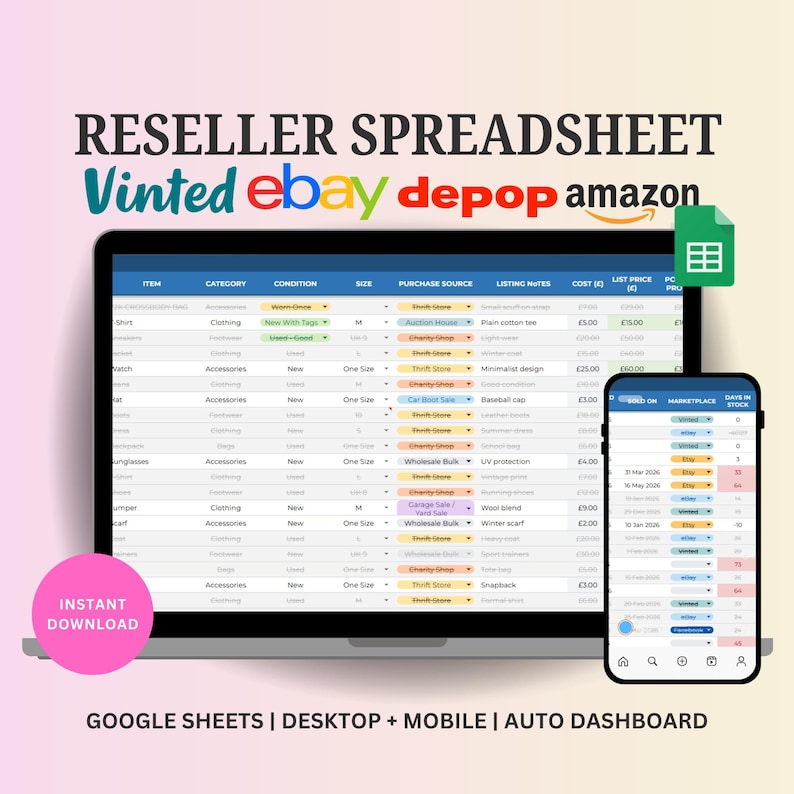 May include: A digital reseller spreadsheet displayed on a laptop and smartphone. The spreadsheet includes item details, categories, and pricing. The image also features the logos of Vinted, eBay, Depop, and Amazon, with the text "Instant Download."