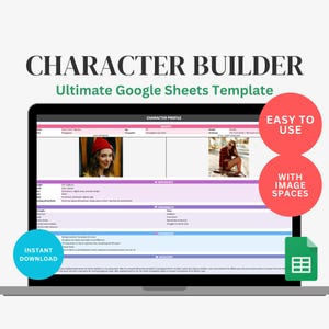 Könnte beinhalten: Ein Laptop-Bildschirm zeigt eine "Character Builder" Google Sheets-Vorlage. Die Vorlage enthält Abschnitte für Identität, Aussehen und Persönlichkeit des Charakters. Rote und rosa Akzente heben Schlüsselbereiche hervor. Die Worte "Easy to Use" und "With Image Spaces" sind in roten Kreisen.
