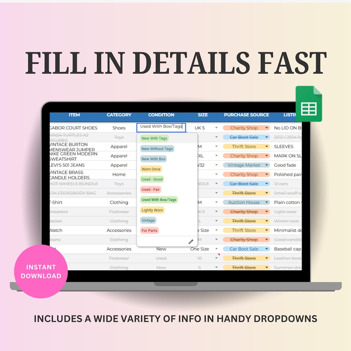 Reseller Spreadsheet | Inventory Tracker for Resellers | Profit & ROI ...