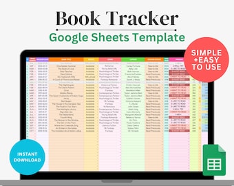 May include: A laptop screen displays a colorful book tracker template in Google Sheets. The title "Book Tracker Google Sheets Template" is at the top. The template includes columns for book title, author, and reading status. A red circle says "SIMPLE + EASY TO USE".