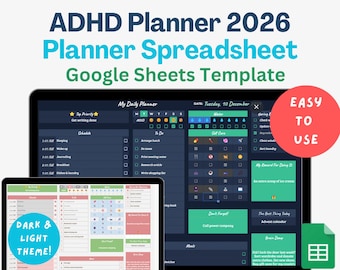 May include: A digital ADHD planner spreadsheet template for Google Sheets, featuring a dark and light theme. The image shows the planner on two laptops, with a red circle that says "Easy to Use". The text on the image says "ADHD Planner 2026".