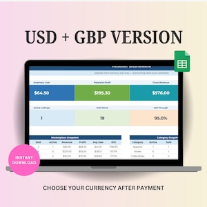 May include: A laptop screen displays a reseller dashboard with financial data, including inventory cost, potential profit, and gross revenue. The screen also shows active listings, sold items, and sell-through percentages. Text on the screen reads "USD + GBP VERSION".