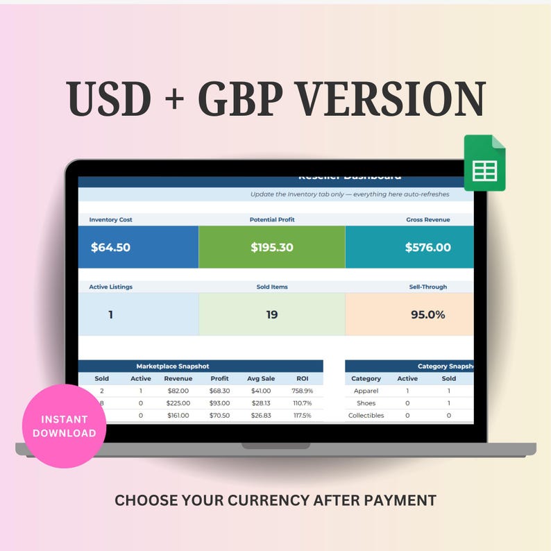 May include: A laptop screen displays a reseller dashboard with financial data, including inventory cost, potential profit, and gross revenue. The screen also shows active listings, sold items, and sell-through percentages. Text on the screen reads "USD + GBP VERSION".
