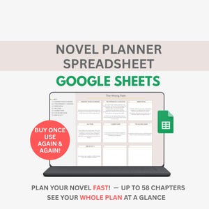 Puede incluir: Una pantalla de portátil muestra una hoja de cálculo de planificador de novelas en Google Sheets. El texto dice "Novel Planner Spreadsheet Google Sheets". Un círculo rojo con el texto "Buy Once Use Again & Again!" está a la izquierda. El texto inferior dice "¡Planifica tu novela rápido! - Hasta 58 capítulos."