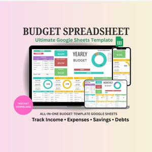 May include: A digital display of a budget spreadsheet template on a laptop, tablet, and smartphone. The template includes sections for income, expenses, and savings, with the text "Budget Spreadsheet" and "Instant Download".