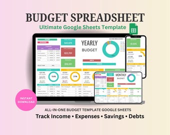 Budget Template Google Sheets | Monthly + Yearly Budget Planner | Debt & Savings Tracker | 50 30 20 Budget